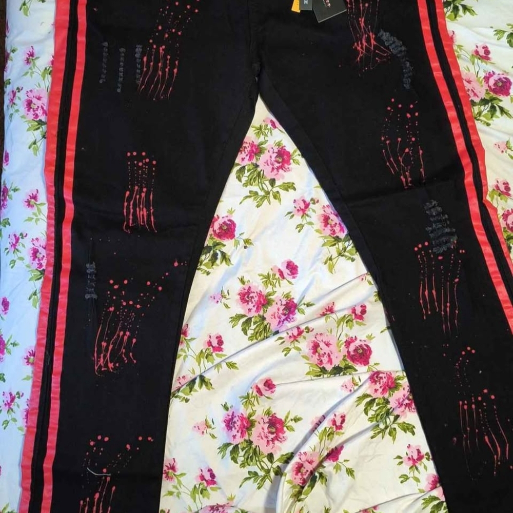 M Society Black Skinny Jeans with Red Side Stripes